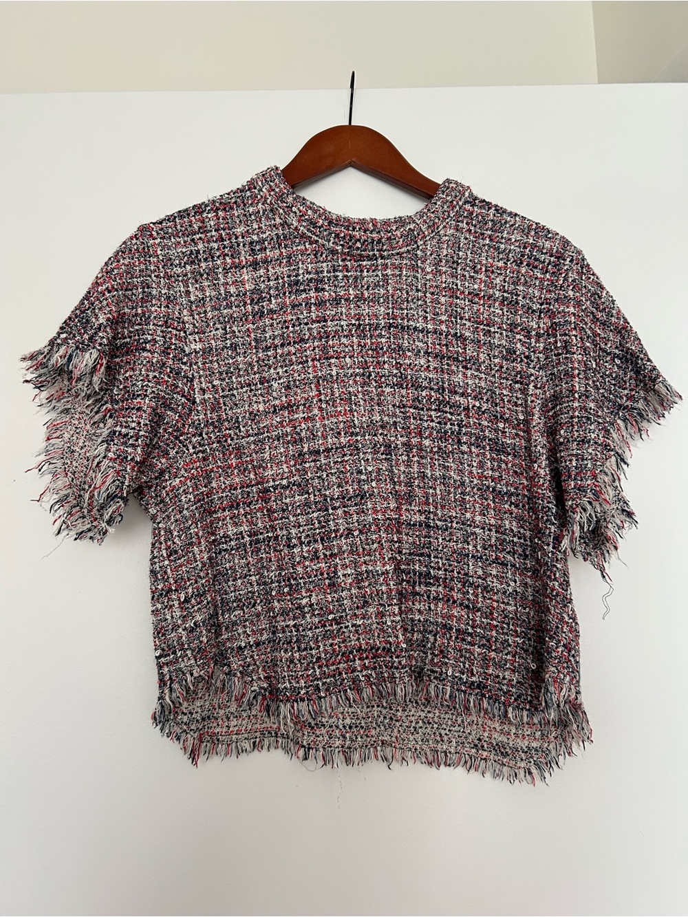 IRO Frayed Tweed Short Sleeve Top - Red/Black